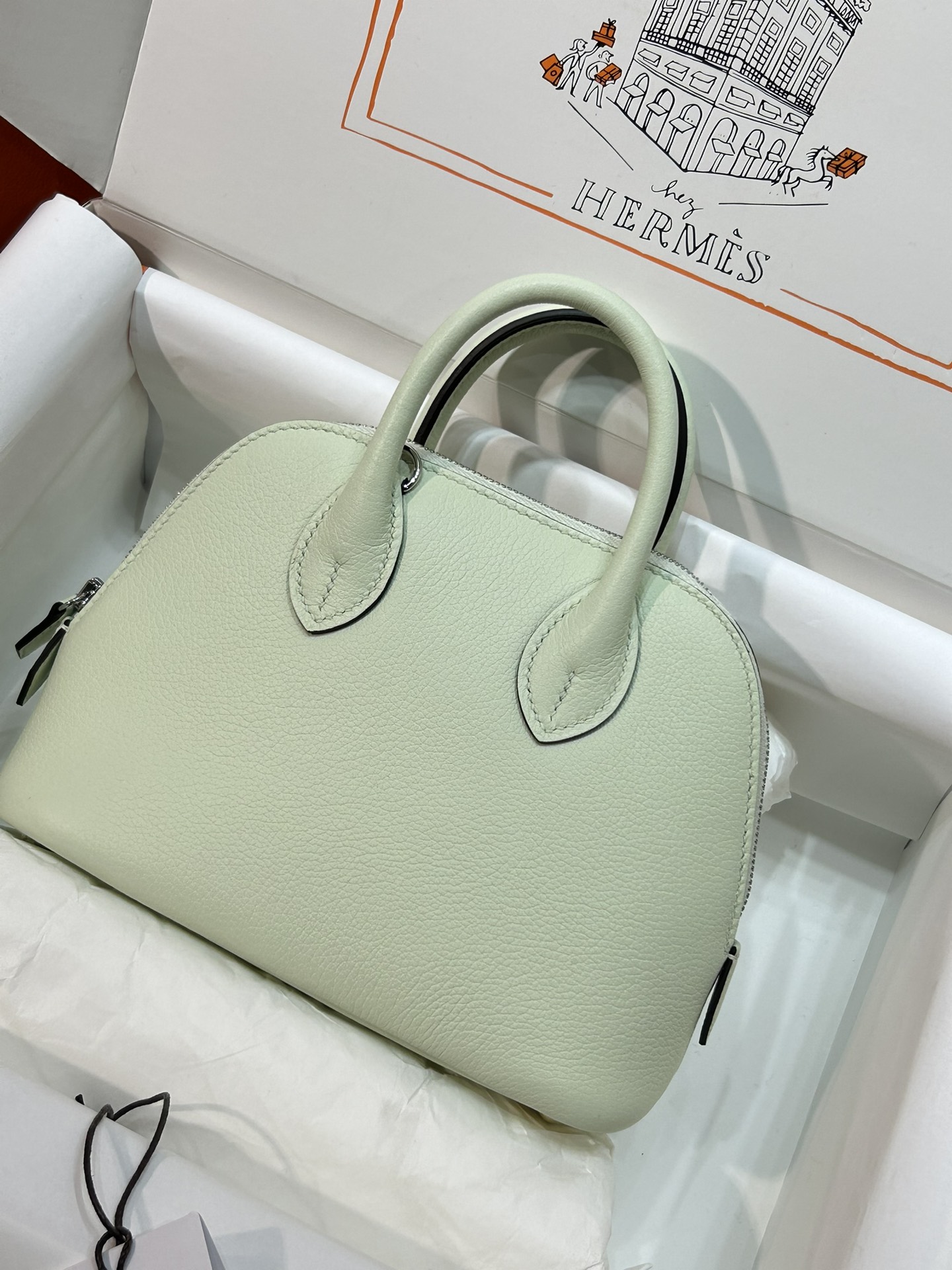 Hermes Bolide 1923 Mini Handbag Shoulder Bag In Pale Green Evercolor Leather